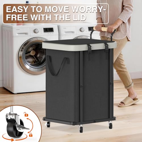 Laundry Hamper with Lid,150L Rolling Laundry Basket with Wheels & Handle - color: Black Gray, size: 1 Section