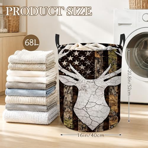 Laundry Hamper, Deer Antlers Collapsible Camo Flag Laundry Baskets Waterproof Oxford Cloth With Handles, Clothes Storage Bucket For Bathroom/Bedroom 16" x 20.8" - color: Deer Antlers