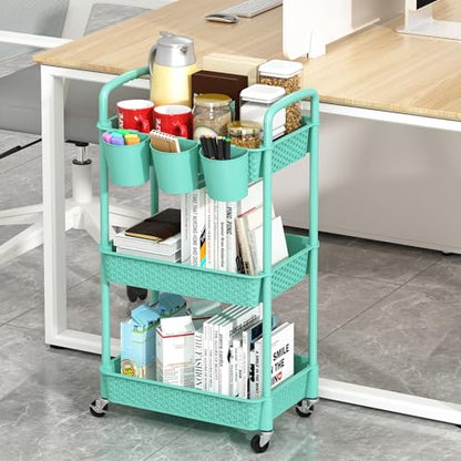 MOYIPIN 3-Tier Plastic Rolling Utility Cart with Handle,Turquoise - color: Turquoise, size: 3-Tiers with cups