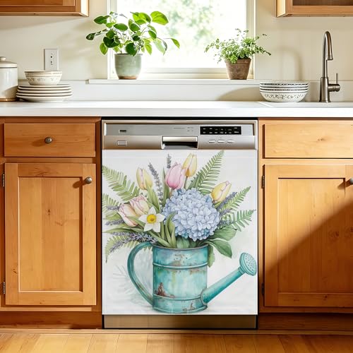 Watering Can Floral Dishwasher Sticker Cover, 23 x 26 Inch Magnetic Appliance Panel for Dishwasher, Reusable Waterproof Kitchen Decor for Refrigerator Door - color: Watering Can Floral
