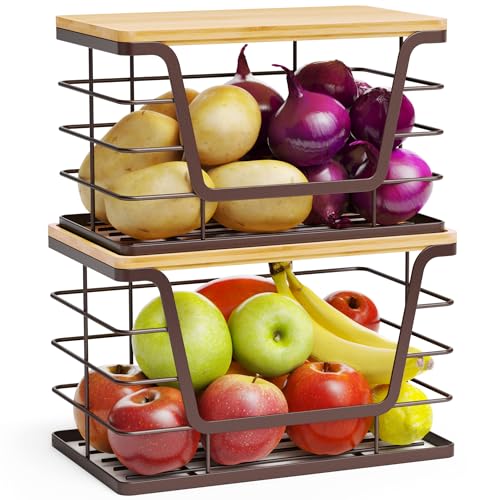 ALOCEO 2 Pack Stackable Wire Storage Basket with Bamboo Lid, Trash Bag Dispenser Under Sink for 4-13 Gal Bags, Kitchen Storage Bins for Potato and Onion, Brown - color: 2-pack - Xl&l Brown