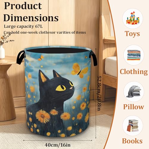 Black Cat Laundry Hamper with Sturdy Handles, Collapsible Laundry Basket, Waterproof Clothes Storage Organizer, Large Capacity for Bathroom Bedroom - color: Black Cat in Flower