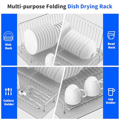 Small Dish Drying Rack Stainless Steel Collapsible - size: 11.6"Wx15.7"L