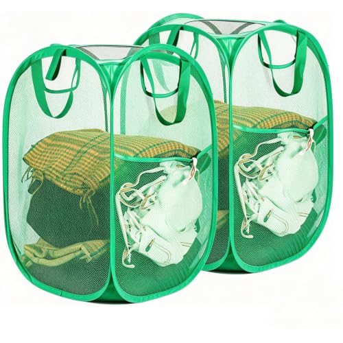 HOUSE AGAIN 2 Pack Strong Mesh Pop Up Laundry Hamper, 70L Collapsible Laundry Basket with Steel Frame, Double‑Stitched Handles & Side Pocket, Foldable Dirty Clothes Hamper for Dorm, Bedroom, Green - color: Green, size: 2-Pack
