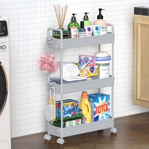 SOLEJAZZ Slim Rolling Storage Cart Skinny Bathroom Organizer, 3 Tier, Gray - color: Grey, size: 3-Tier, 4.76"D