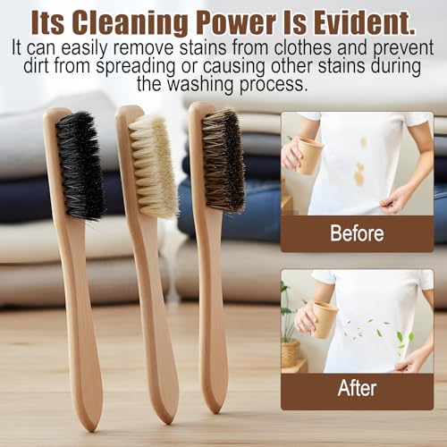 3 Pcs Laundry Stain Brush, Wood Laundry Stain Brush with Boar Bristle for Scrubbing Stains from Cloth Fabric Leather and Household