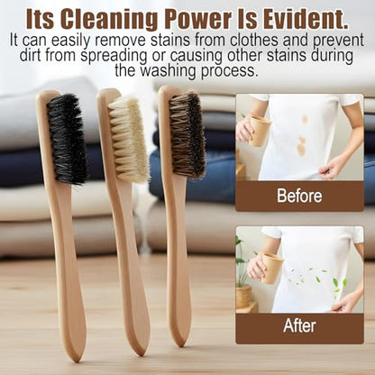 3 Pcs Laundry Stain Brush, Wood Laundry Stain Brush with Boar Bristle for Scrubbing Stains from Cloth Fabric Leather and Household