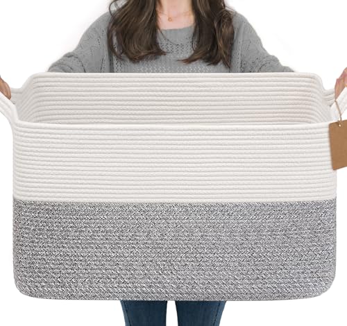 Goodpick 75L Extra Large Woven Rope Blanket Basket, Rectangle, Light Gray - color: Light Grey, size: 22"L x 17"W x 12"H