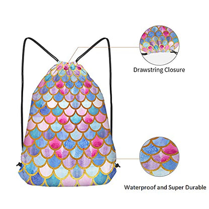 Mermaid Scales Drawstring Bags Backpack Bag Watercolor Animal Fish Mermaid Tale Pattern Cool Design Modern Sport Gym Sack Drawstring Bag String Bag Yoga Bag for Men Women - color: Multi-a107