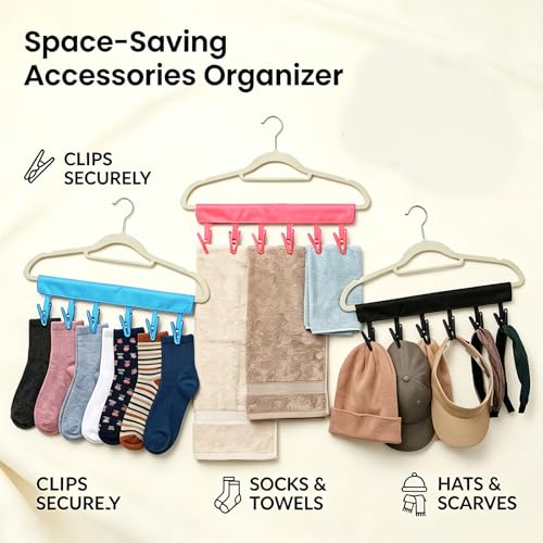 Mini Clothespins Travel Hangers 3-Pack: Foldable Portable Clothes Hangers w/ 6 Clips for Swimsuit, Towel & Sock Drying Rack - Cruise, Dorms, Travel (Black, Blue, Red) - color: Black, Blue, Red