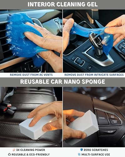 oesee 18Pcs Professional Car Interior Detailing Kit All-in-One Cleaning Tools for Windows, Dashboard, Vents, Windshield Cleaner Brush, Magic Sponge, Chamois Cloth, Detailing Brushes & Accessories
