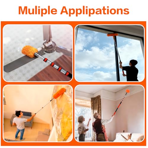 26FT High Reach Duster Cleaning Kit with 5-20 FTExtension Pole, High Ceiling Fan Cleaner Duster Tool for Fan Blades, Extendable Reusable Cobweb, Feather, Window Cleaning Squeegee Kit(20FT) - size: 20FT