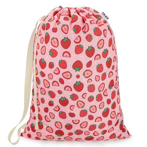 Canvas Laundry Bag with Shoulder Strap Drawstring, Strawberry, 23"W x 29"H - color: Strawberry