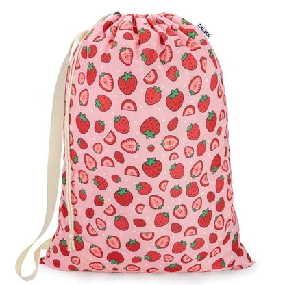 Canvas Laundry Bag with Shoulder Strap Drawstring, Strawberry, 23"W x 29"H - color: Strawberry