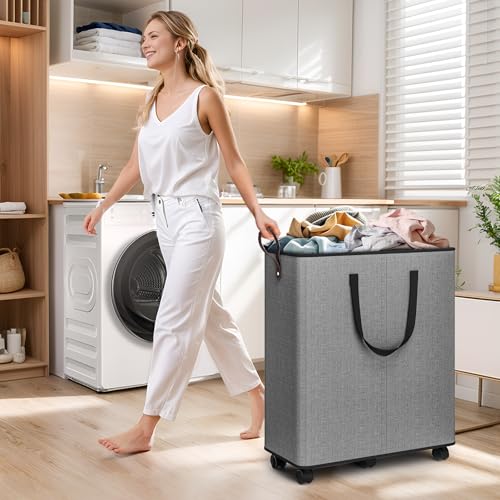 SpaceTrove Rolling Laundry Basket with Wheels, Laundry Hamper, 155L, Grey - color: Grey, size: 155L