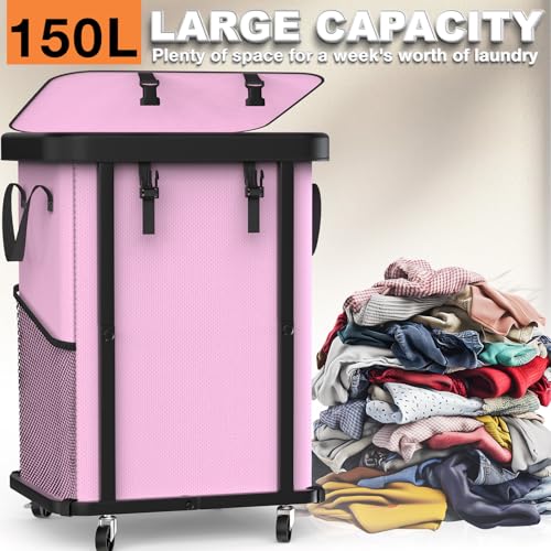 Laundry Basket with Wheels,150L (40 Gal) Rolling Hamper Carts - Pink - color: Pink, size: 1 Section-150L