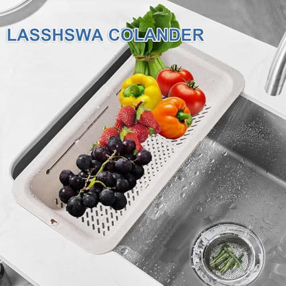 LASSHSWA Collapsible Colander for Kitchen, Over the Sink Strainer Basket for Kitchen, Fruit Pasta Food Strainer Expandable Plastic Colander BPA Free (Straw) - color: Straw