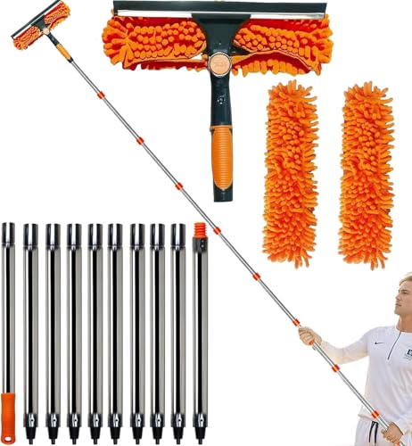 Tonmp 20+ Feet Reach 2 in 1 Window Washing Squeegee & Duster with 3-14 ft Spliceable Extension Pole // Window Cleaning Tool & Window Washer Squeegee for Home Indoor Outdoor Window Washing