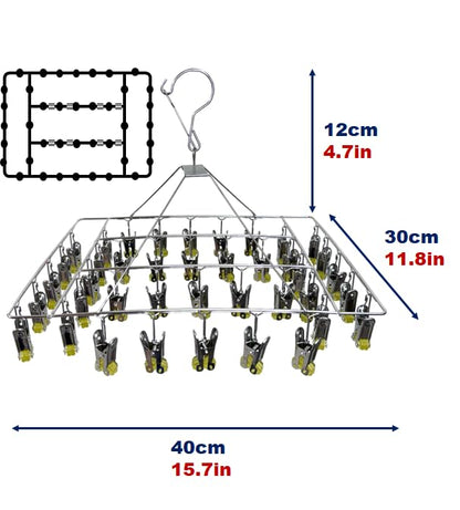 Quick Release Stainless Steel Laundry Drying Rack with Clips, Swivel Hook Wind-Proof Clothes Hanger Rack for Sock, Bras, Underwear, Laundry (Rectangle 40 Clips) - size: Rectangle 40 CLIPS