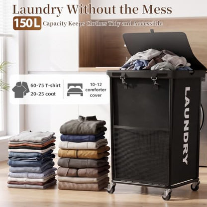 Laundry Hamper with Wheels and Lid, 150L Large Rolling Laundry Basket Black - color: Black, size: 150L