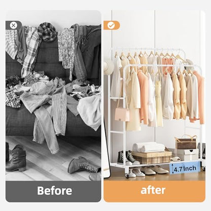 Sooyee Double Rod Clothing Rack with Wheels,3 Tier Garment Racks for Hanging Clothes,Portable Clothes Rack with 4 Hooks for Bedroom,Laundry Room,White - color: White