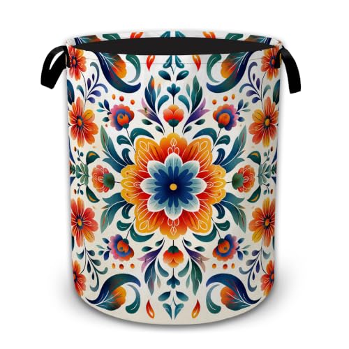 Mexico Folk Floral Large Laundry Hamper, Collapsible Oxford Clothes Basket with Handles, Freestanding Dirty Clothes Organizer for Bedroom Bathroom Dorm Laundry Room, 16 x 20.8 Inch - color: Mexico Folk Floral