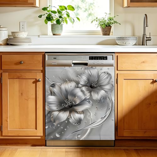 Silver Floral Dishwasher Front Panel Cover, 23 x 26 Inch Magnetic Door Sticker, Reusable Easy Clean Appliance Decor for Fridge Door - color: Silver Floral