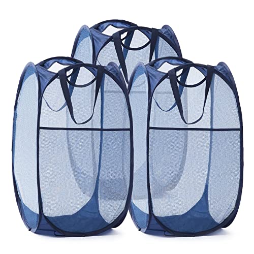 TECHMILLY Collapsible Mesh Pop Up Laundry Hamper with Sturdy Handles and Side Pocket - Portable Foldable Clothes Baskets for Dorm, Bathroom & Travel Storage (Blue, 3 Packs) - color: Blue, size: 3 Pack