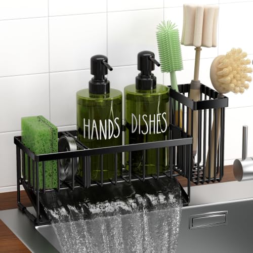 MASADI Kitchen Dish Soap Dispenser Set with Sponge Holder, 12OZ Glass Bottle, Hand and Dish Soap Dispenser Set, Non-Slip Silicone Pad, Brush Holder, Kitchen Sink Organizer Countertop (Black+Green) - color: Black+green