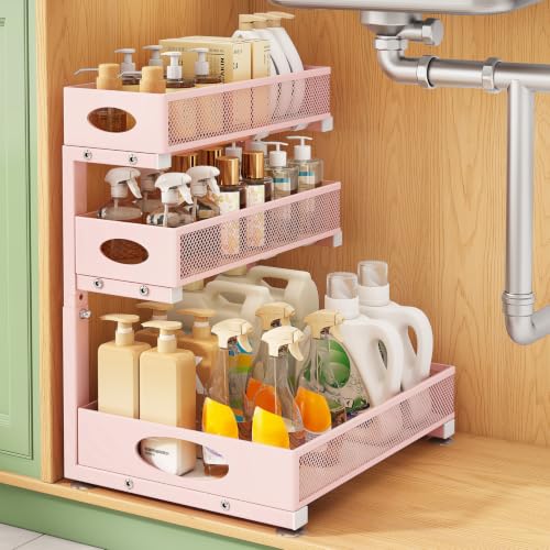 Kitstorack Under Sink Organizer 3-Tier Slide Out Drawer 1-Pack Pink - color: Pink, size: 1-Pack