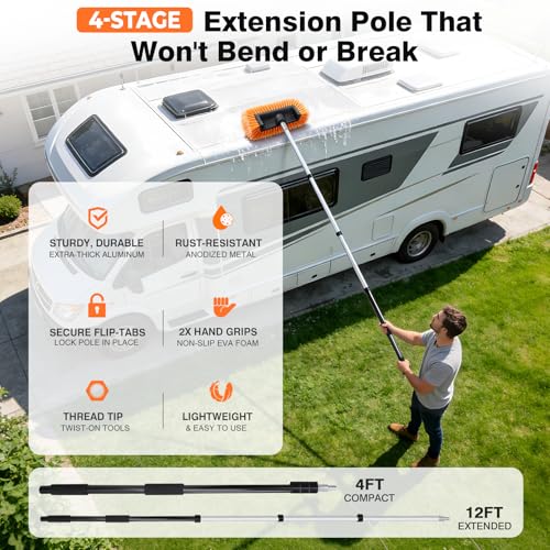 ARTIPOLY 4-12FT Car Wash Brush with Long Handle, 12-Inch Soft Bristle, with Aluminium Telescoping Pole, for Cleaning Car, SUV, RV, Boats, House Siding, Floors, Solar Panels, and More - size: 12" brush 144" pole
