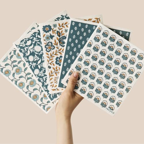 RECYCO Swedish Dishcloths for Kitchen | 5 Pack Indigo Petals Washable Dish Rags | Cellulose Reusable Cleaning Paper Towels | Absorbent Counter Dish Cloth Sponge Kitchen Wipes, 8" L x 7" W - color: Indigo Petals - 5 Pack