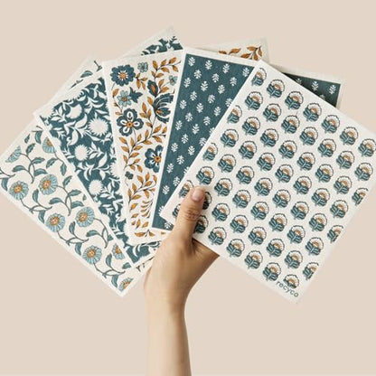 RECYCO Swedish Dishcloths for Kitchen | 5 Pack Indigo Petals Washable Dish Rags | Cellulose Reusable Cleaning Paper Towels | Absorbent Counter Dish Cloth Sponge Kitchen Wipes, 8" L x 7" W - color: Indigo Petals - 5 Pack