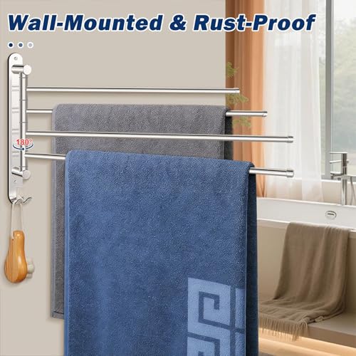 NearMoon Swivel Towel Rack, 19.5" Thicken 304 Stainless Steel 4-Arm Towel Bar, Space Saving Wall Mounted Towel Holder with Hook, Rustproof Swing Out Towel Hanger for Bathroom, Kitchen (Matte Black) - color: Matte Black, size: 19.5 Inch-Round