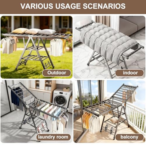Heavy Duty 3-Tier Clothes Drying Rack with Wheels, Large 5.9ft