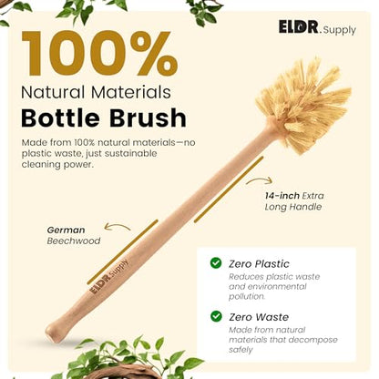 ELDR Supply Bottle Brush, 14in Extra Long German Beechwood Handle, Strong Hemp Bristles, Zero Waste, Cleans and Scrubs Hard to Reach Wide Mouth Jars, Glasses, and Tumblers - size: tall