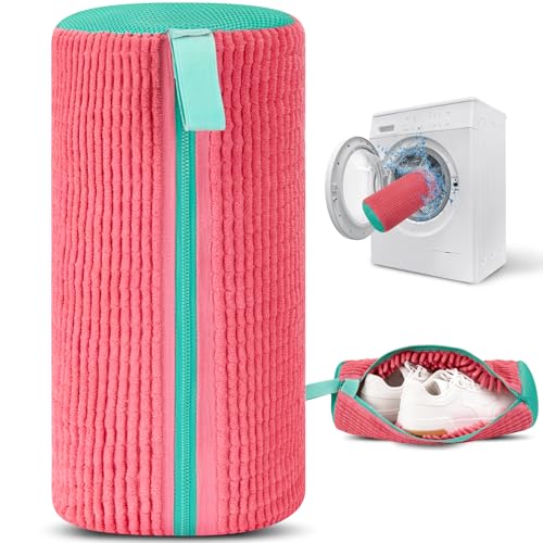 Shoe Washing Machine Bag, Laundry Shoe Bag for Washer and Dryer, Reusable Microfiber Shoe Cleaning Bag with Durable Zipper for Tennis Shoes, Sneakers, Running Shoes, Pink and Green, 1 Piece