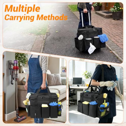 Large Cleaning Caddy Bag with Wheels,Cleaning Bags with Detachable Trolley,Cleaning Supplies Bag Built-in Hard Support Board,Waterproof,Multiple Storage Pockets for Housekeepers - size: 14.96*9.84*11.81inches;28.5L