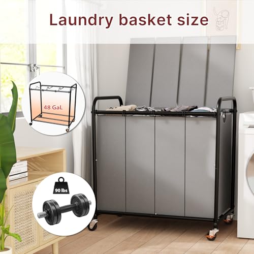 180L Laundry Sorter 4 Section with Lockable Wheels and Lid Grey - color: Grey-4 Sec, size: 48Gal