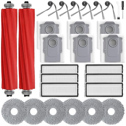 28 Pack QV 35A Replacement Parts for Roborock QV 35A / QV 35S / Qrevo S Pro Robot Vacuum, Kit With 2 Main Brush, 6 Side Brushes, 6 HEPA Filters, 6 Mop Pads, 6 Dust Bags, Cleaning Tool & Screwdriver