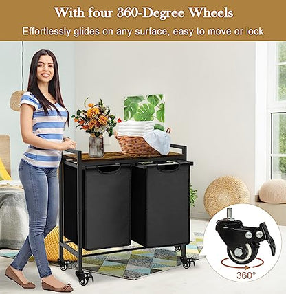Double Laundry Hamper with Wheels & 2 Pull Out Section Removable Bags, Extra Large Dual Rolling Laundry Sorter Basket Organizer with Shelf for Bathroom, Bedroom, Laundry Room, 2 x 9Gal, Black