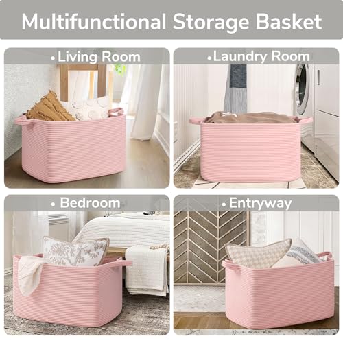 Goodpick Large Woven Rope Blanket Basket, Rectangle, Pink, 75L - color: Pink, size: Large(21.6"L x 14.9"W x 11.8"H)