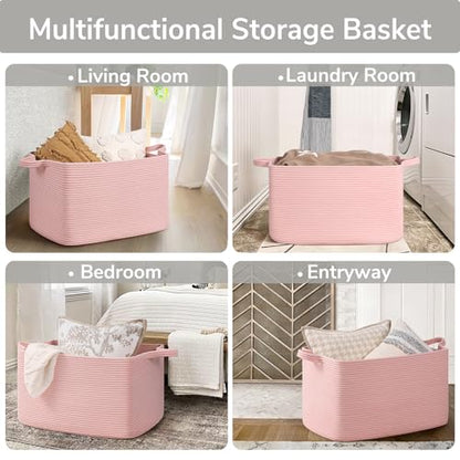 Goodpick Large Woven Rope Blanket Basket, Rectangle, Pink, 75L - color: Pink, size: Large(21.6"L x 14.9"W x 11.8"H)