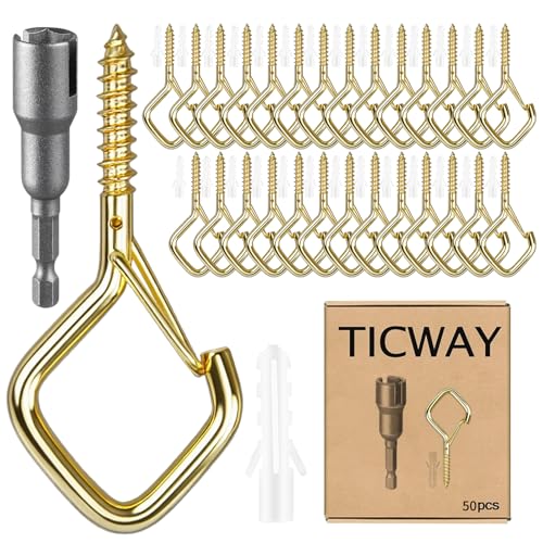 50 Pcs Outdoor Hooks for String Lights,Screw Hooks for Hanging Plants,Ceiling Hooks with Safety Buckle,Square Hanger for Wind Chimes,Bird Feeder,Lanterns,Christmas Decorations (Gold) - color: Gold, size: 50