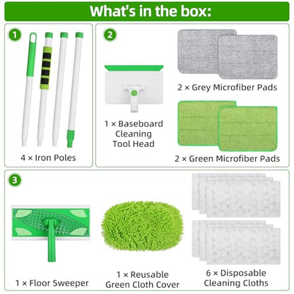 Baseboard Cleaner Tool with Handle, Extendable Long Handle Baseboard Floor Cleaning Tool Duster with Reusable Pads for Floorboard - color: Green