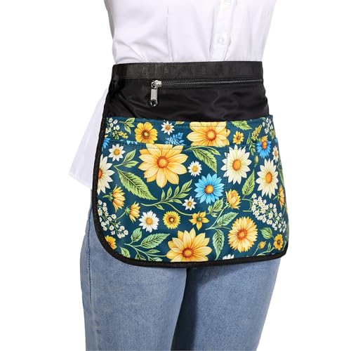 Waterproof Server Apron for Women with 5 Pockets,Quickly Put on and Take off Waitress Aprons,Work Apron for Bartender Barista - color: Green Flowers