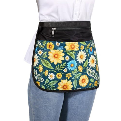 Waterproof Server Apron for Women with 5 Pockets,Quickly Put on and Take off Waitress Aprons,Work Apron for Bartender Barista - color: Green Flowers