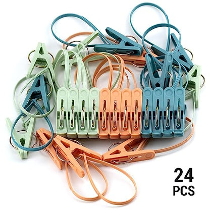 24 Pack Clothes Pins Clothes Peg Clip Pins with Plastic Rope for Clothesline Multicolor Drying Clothing Clips Hooks Windproof Clothes Hanger for Hanging Socks Hats Pants Bras Underwears Towel Photo