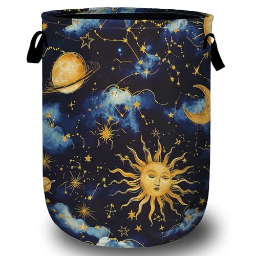 Sun Moon Laundry Basket, Foldable Cloudy Starry Night Laundry Hamper Tote Bag Dirty Clothes Storage Bucket Organizer for Bathroom/Laundry/Bedroom 15.7"x19.6" - color: Beautiful Sun Stars Moon