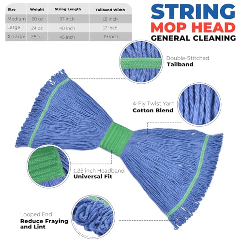 Onesimus 28 oz Heavy Duty Mop Head Replacement, 5 Inch Headband for Quick Change Handle, Blue Loop-End Cotton Blend String Wet Dry Floor Mop Refill Commercial Cleaning Supplies, 1 Pack X-Large - size: 1 Pack (X-Large)